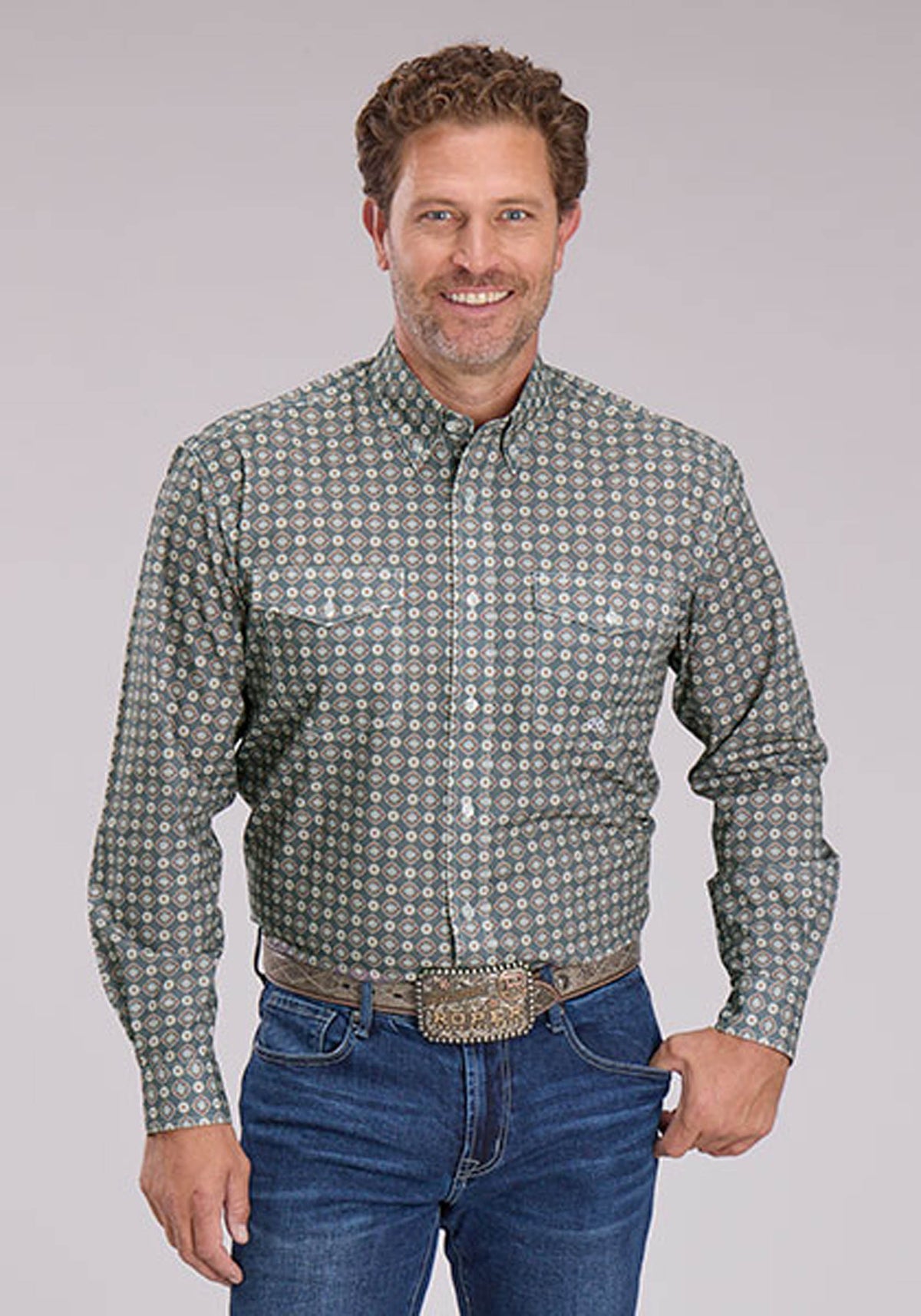 Mens Long Sleeve Button Medallion Foulard Western Shirt