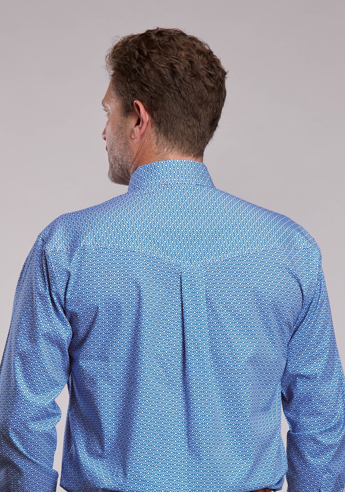 Mens Roper Blue Stretch Geo Print Long Sleeve Button Shirt