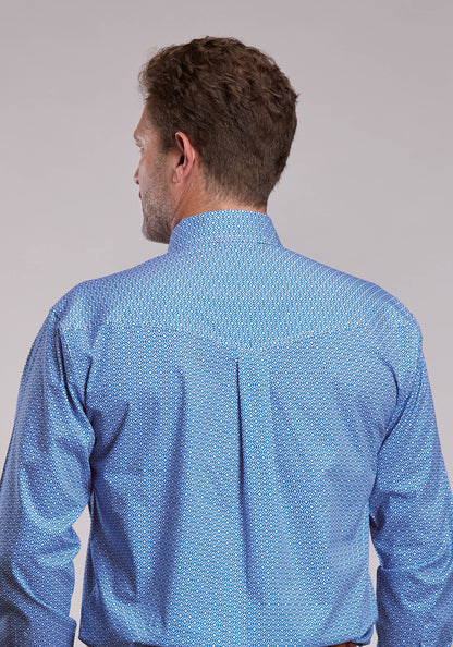 Mens Roper Blue Stretch Geo Print Long Sleeve Button Shirt