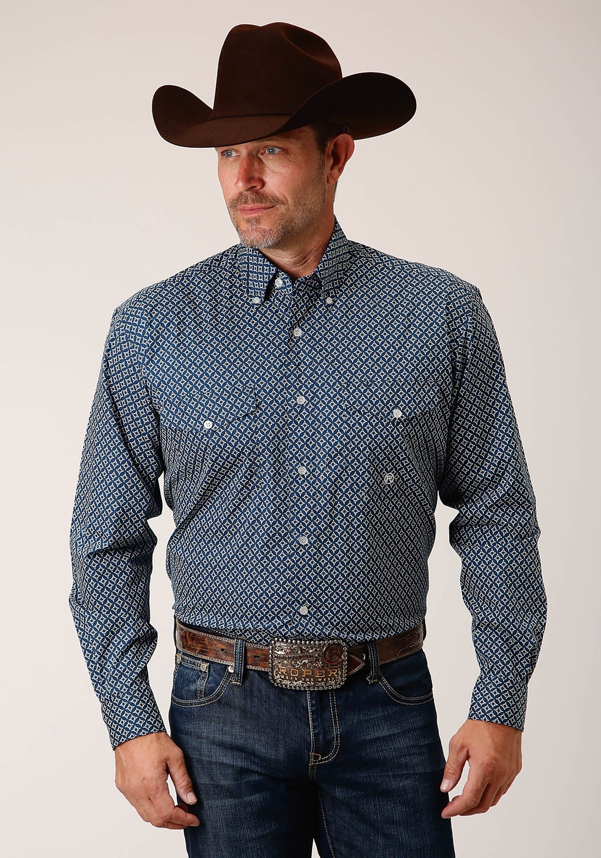 Mens Long Sleeve Button Diamond Print  Navy Western Shirt