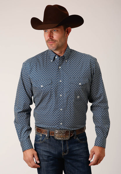 Mens Long Sleeve Button Diamond Print  Navy Western Shirt