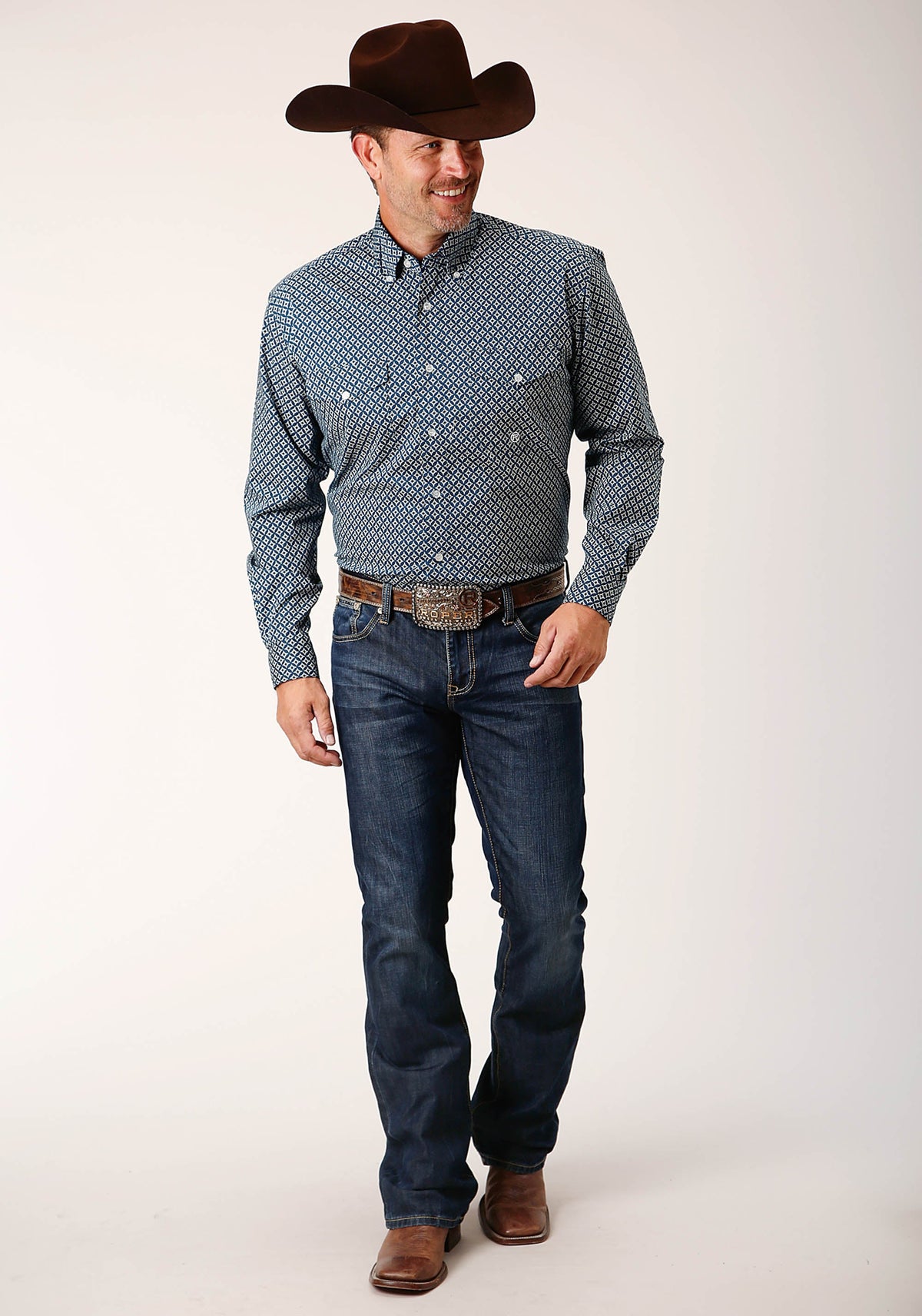 Mens Long Sleeve Button Diamond Print  Navy Western Shirt