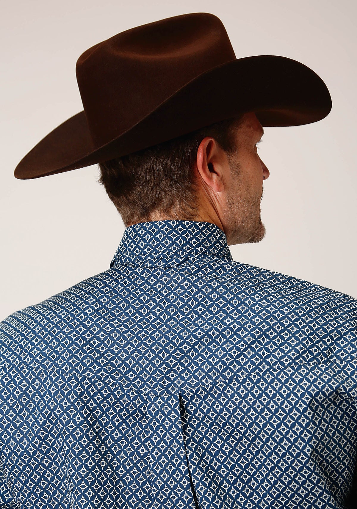 Mens Long Sleeve Button Diamond Print  Navy Western Shirt