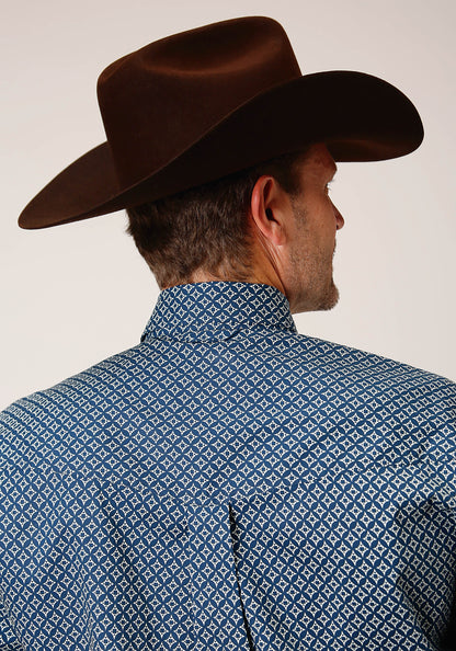 Mens Long Sleeve Button Diamond Print  Navy Western Shirt