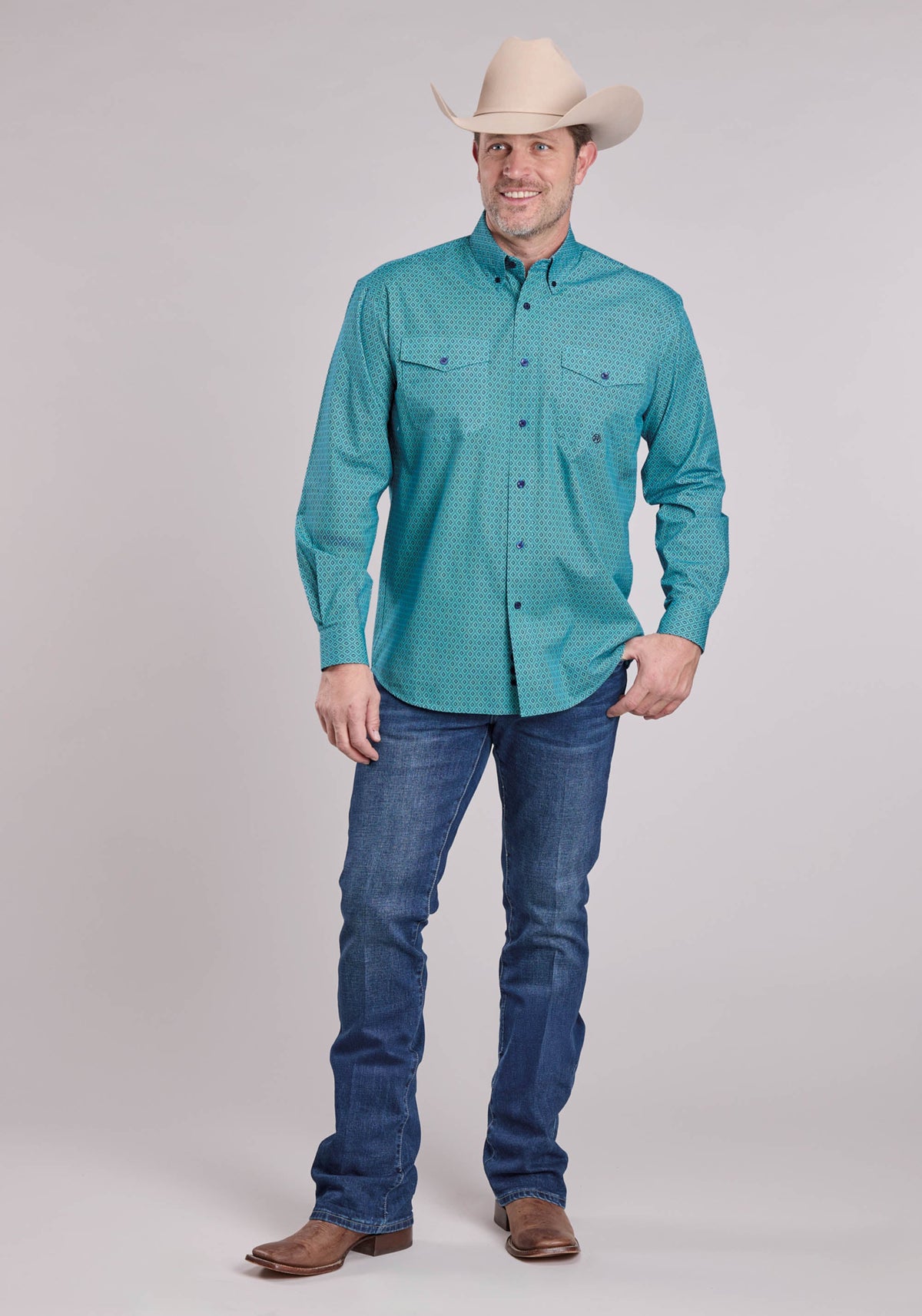 Mens Long Sleeve Button Aztec Diamond Geo Western Shirt
