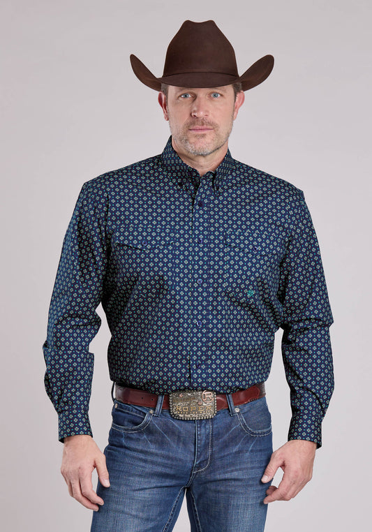 Mens Long Sleeve Button Pinwheel Foulard Western Shirt