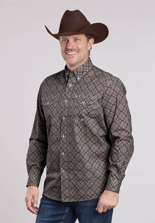 Mens Long Sleeve Button Bronze Medallion Western Shirt