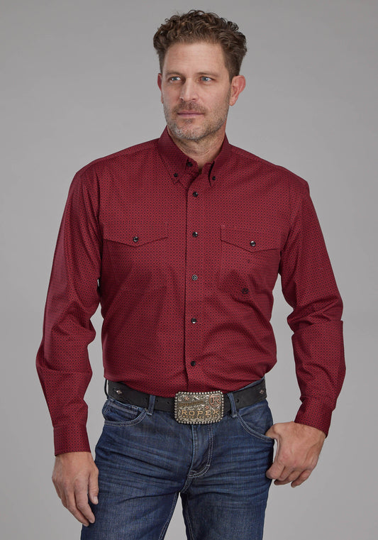 Mens Diamond Print Stretch Poplin - Red Long Sleeve Button Western Shirt