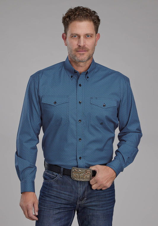 Mens Diamond Print Stretch Poplin - Blue Long Sleeve Button Western Shirt