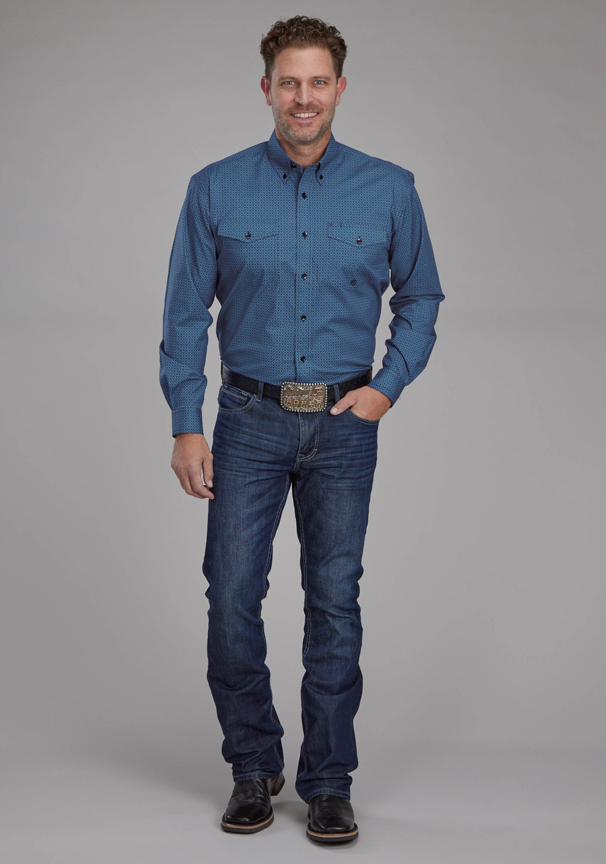 Mens Diamond Print Stretch Poplin - Blue Long Sleeve Button Western Shirt