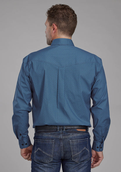 Mens Diamond Print Stretch Poplin - Blue Long Sleeve Button Western Shirt