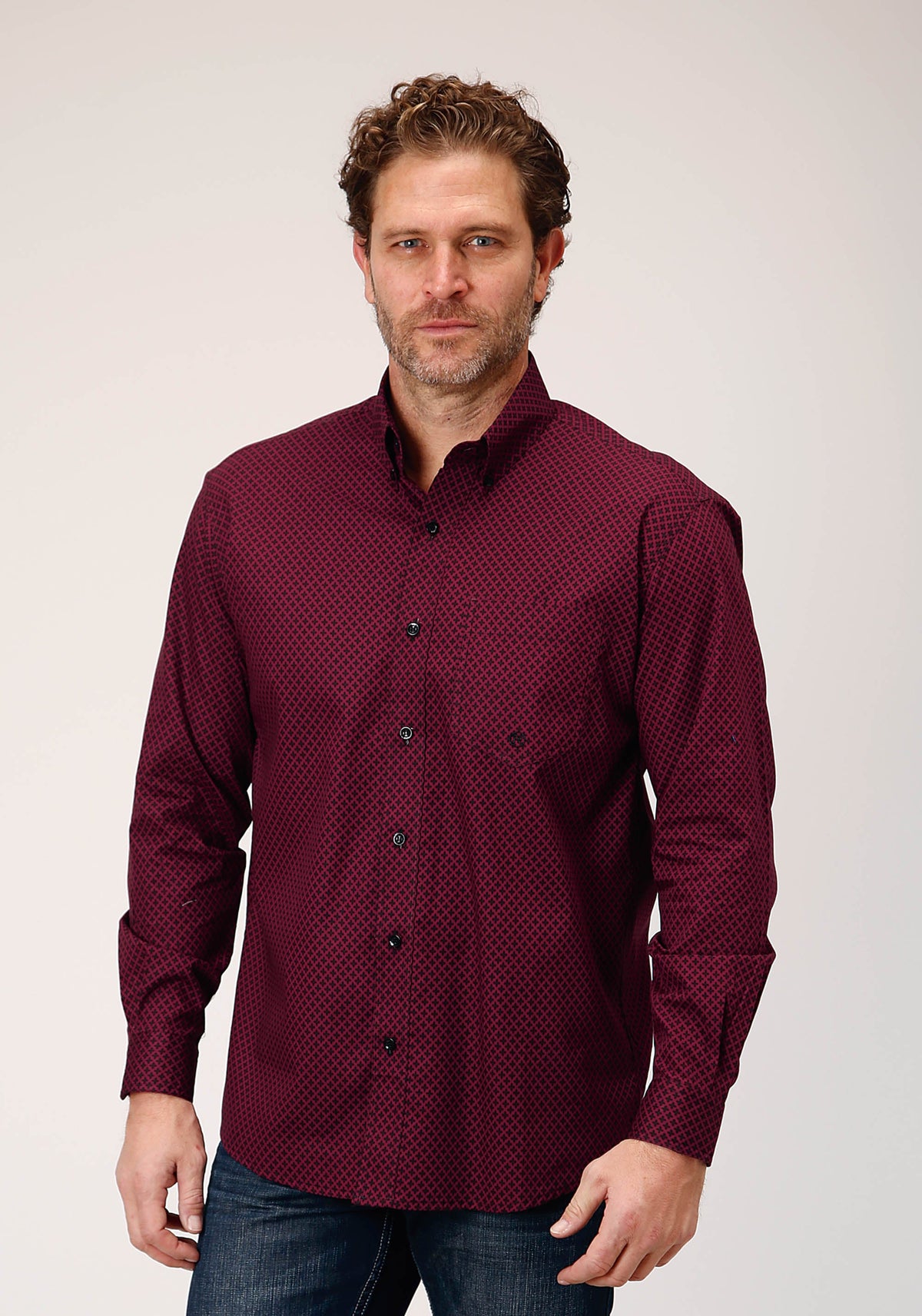 Mens Long Sleeve Button Four Leaf Foulard Western Shirt