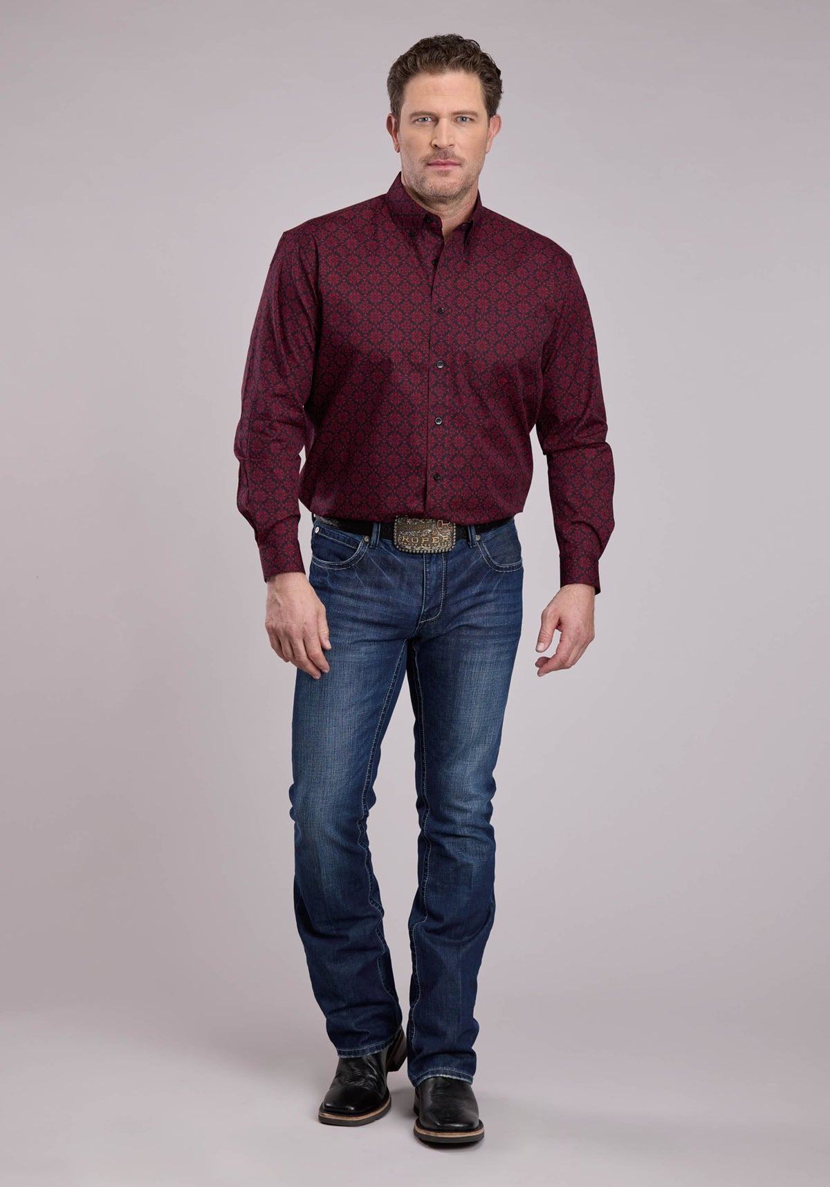 Mens Long Sleeve Button Garnet Medallion Western Shirt