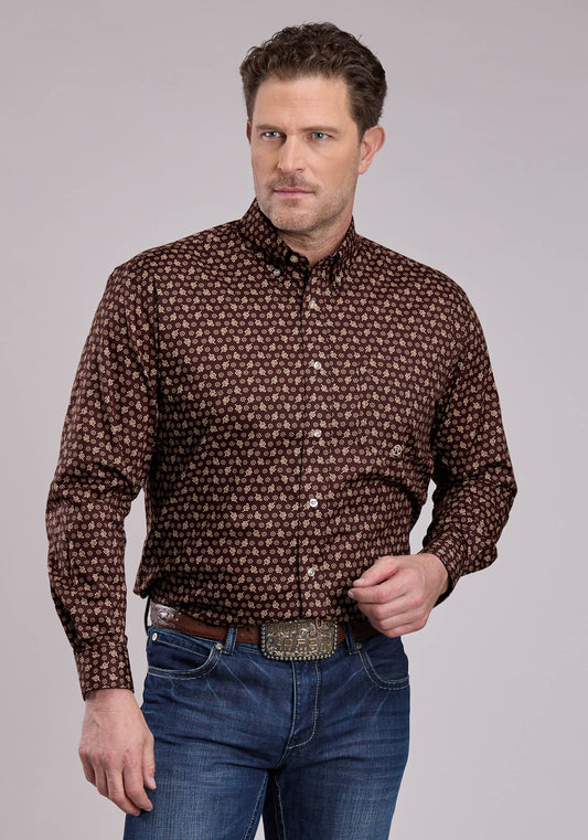 Mens Long Sleeve Button Stretch Poplin Paisley - Brown Western Shirt