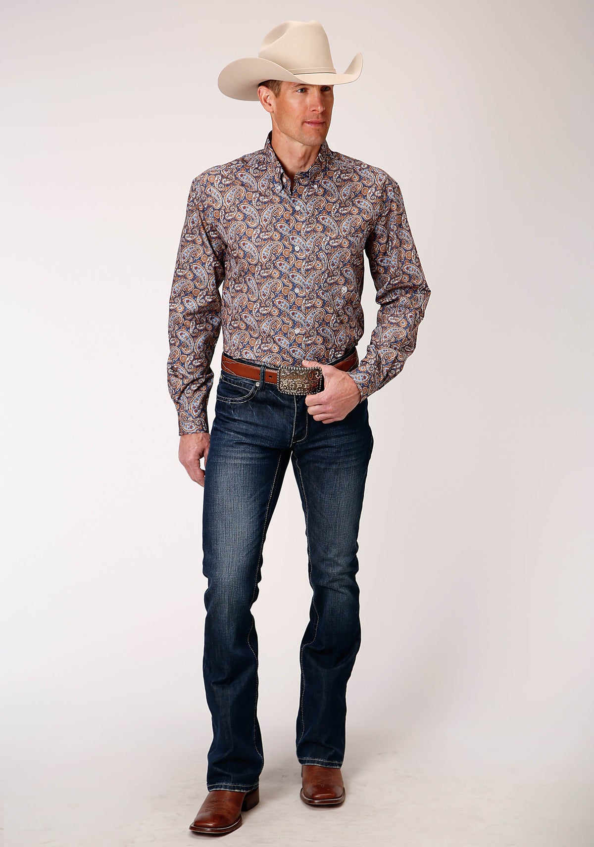 Mens Long Sleeve Button Country Paisley Western Shirt