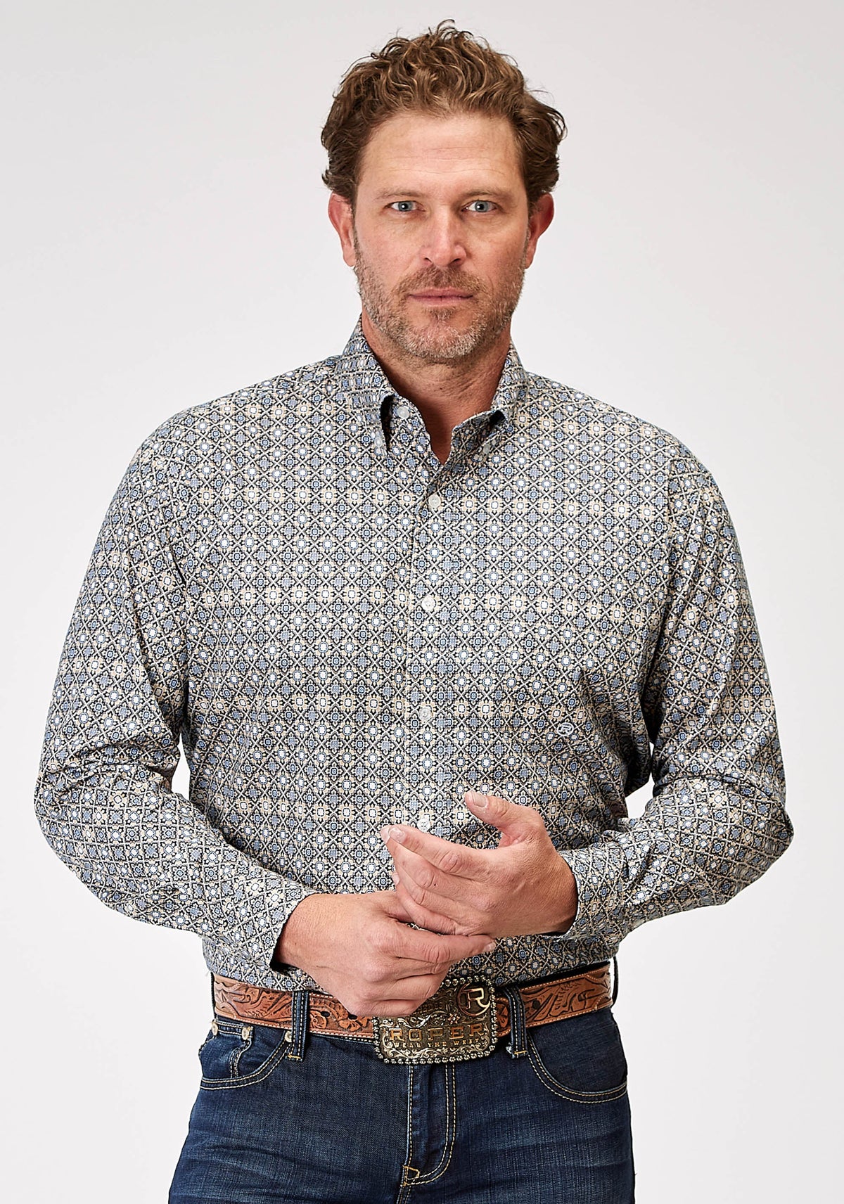 Mens Long Sleeve Button Western Foulard Western Shirt