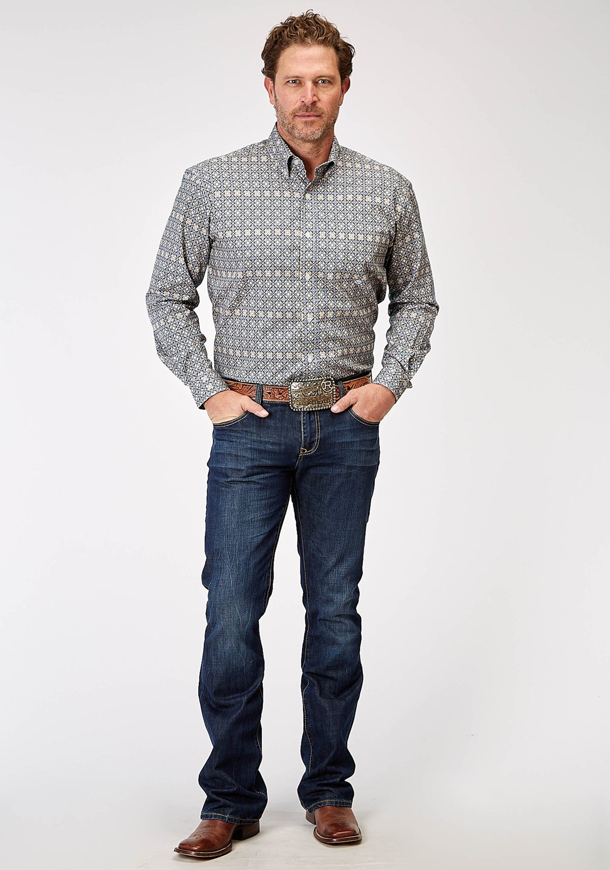 Mens Long Sleeve Button Western Foulard Western Shirt