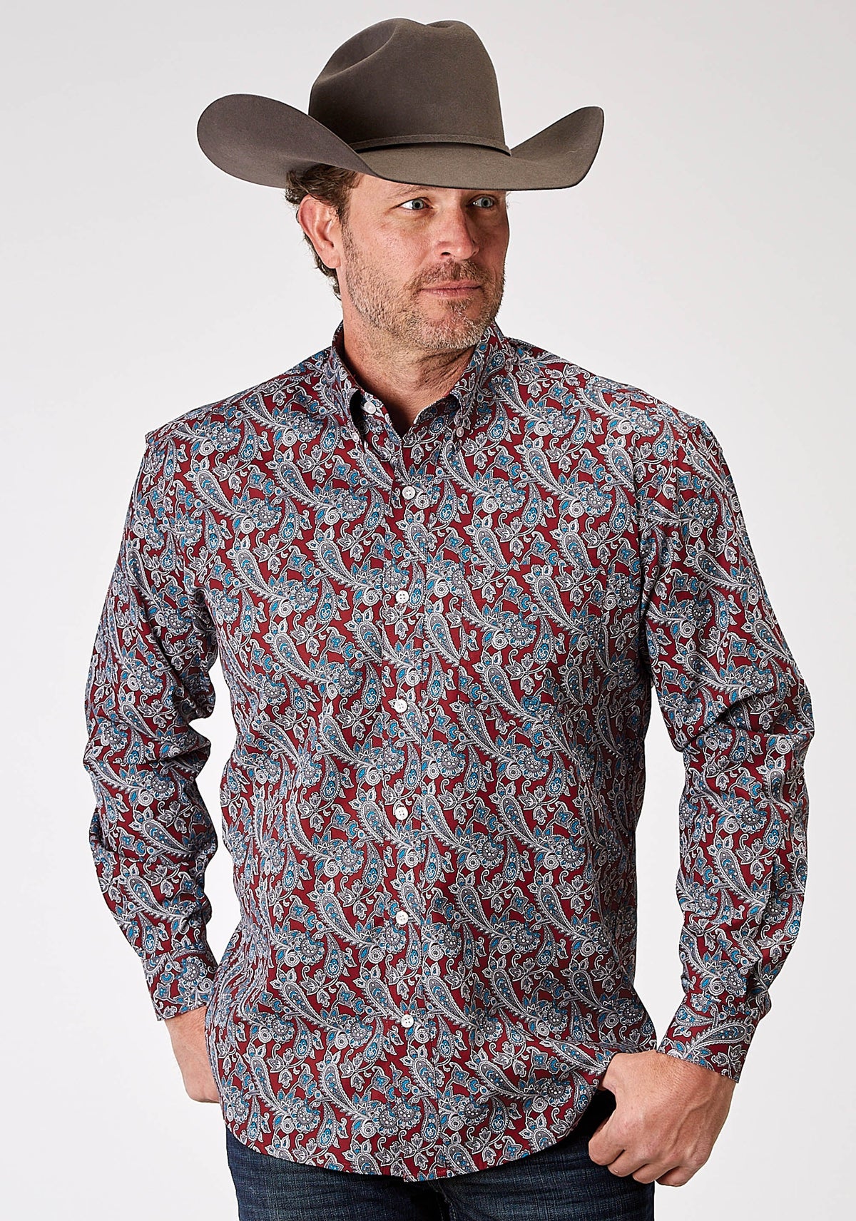 Mens Long Sleeve Button Red River Paisley Western Shirt