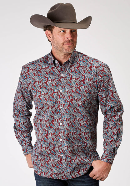 Mens Long Sleeve Button Red River Paisley Western Shirt