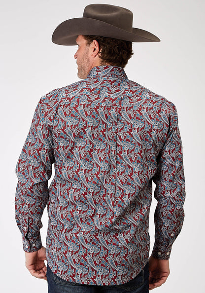 Mens Long Sleeve Button Red River Paisley Western Shirt