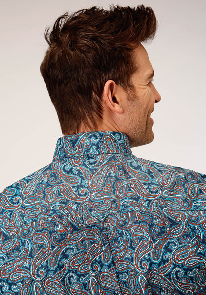 Mens Long Sleeve Button Blue Canyon Paisley Western Shirt