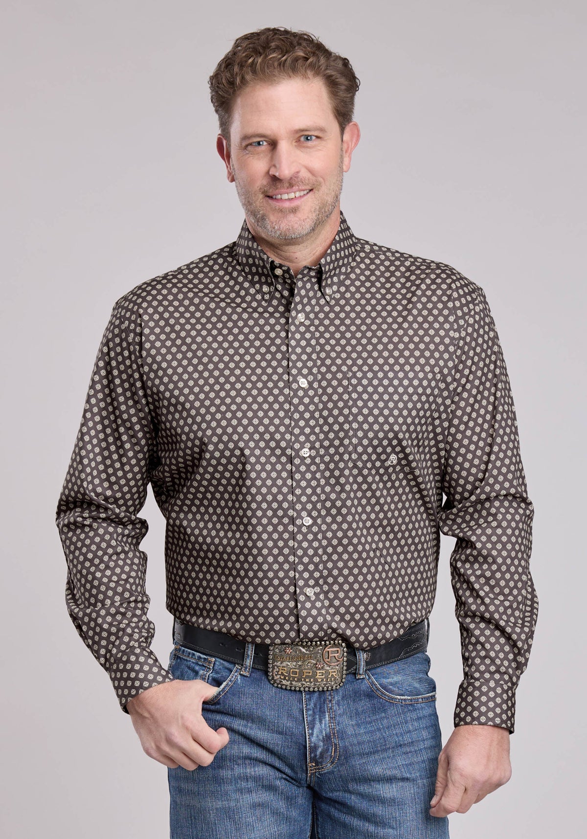 Mens Long Sleeve Button Grey Stretch Foulard Western Shirt