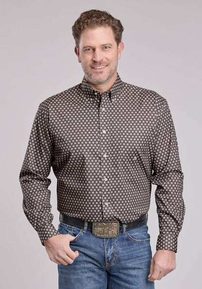 Mens Long Sleeve Button Grey Stretch Foulard Western Shirt