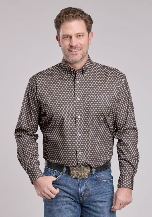 Mens Long Sleeve Button Grey Stretch Foulard Western Shirt