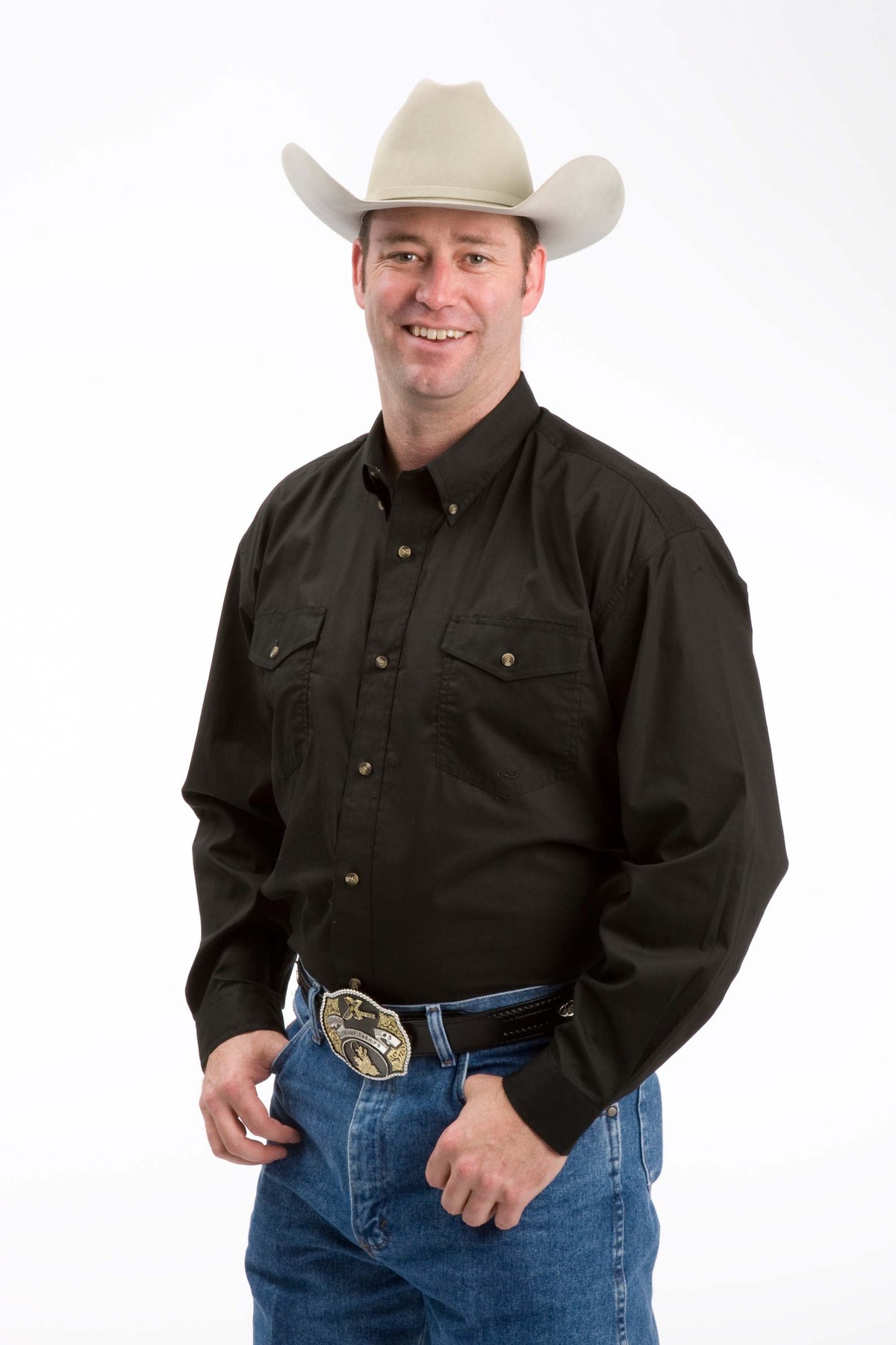 Mens Black Solid Long Sleeve Western Button Shirt
