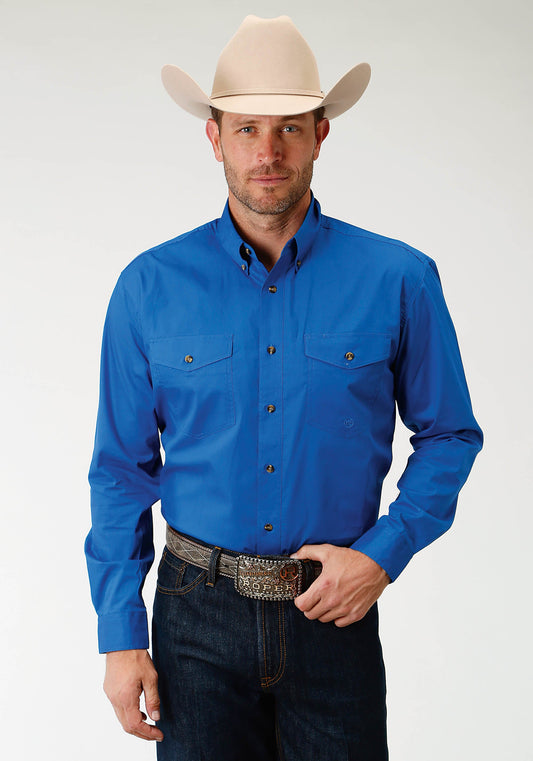 Mens Royal Blue Solid Long Sleeve Western Button Shirt