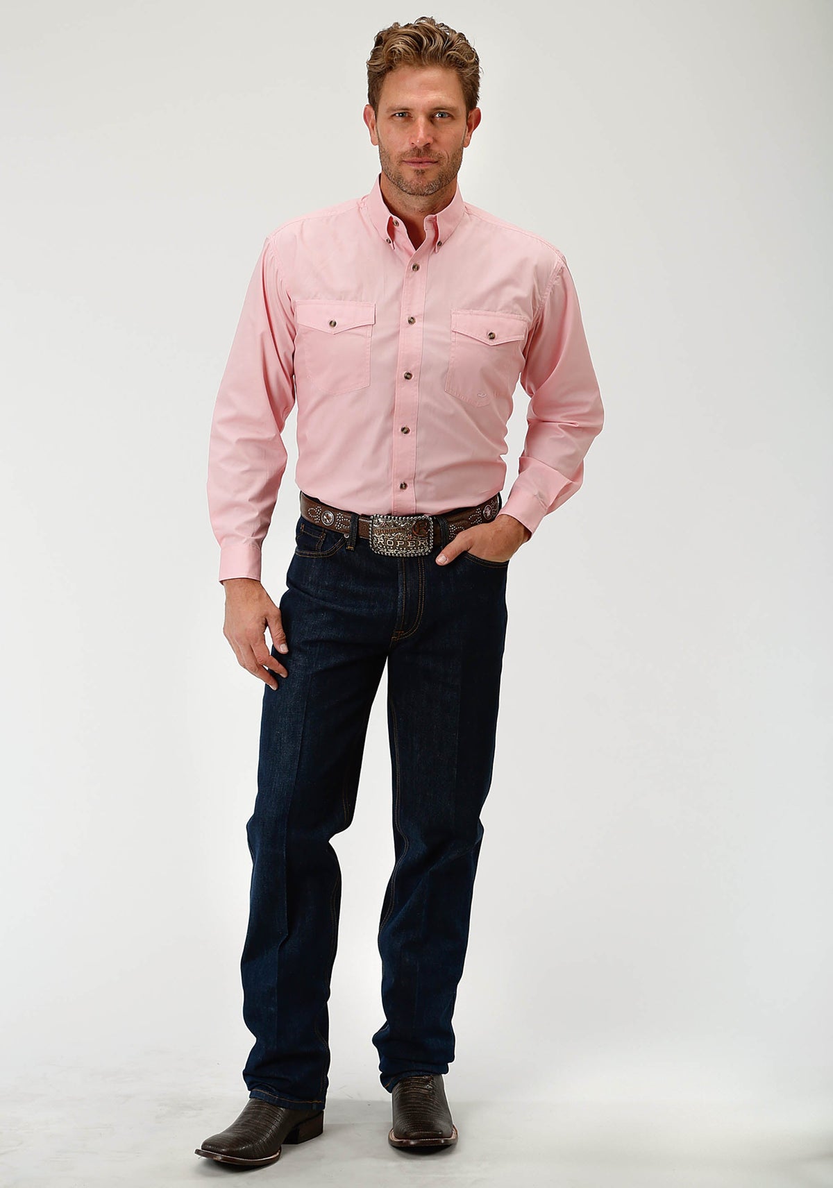 Mens Pink Solid Long Sleeve Western Button Shirt
