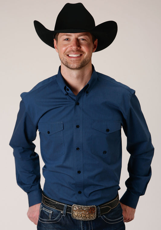 Mens Long Sleeve Button Black Fill  Solid Blue Western Shirt