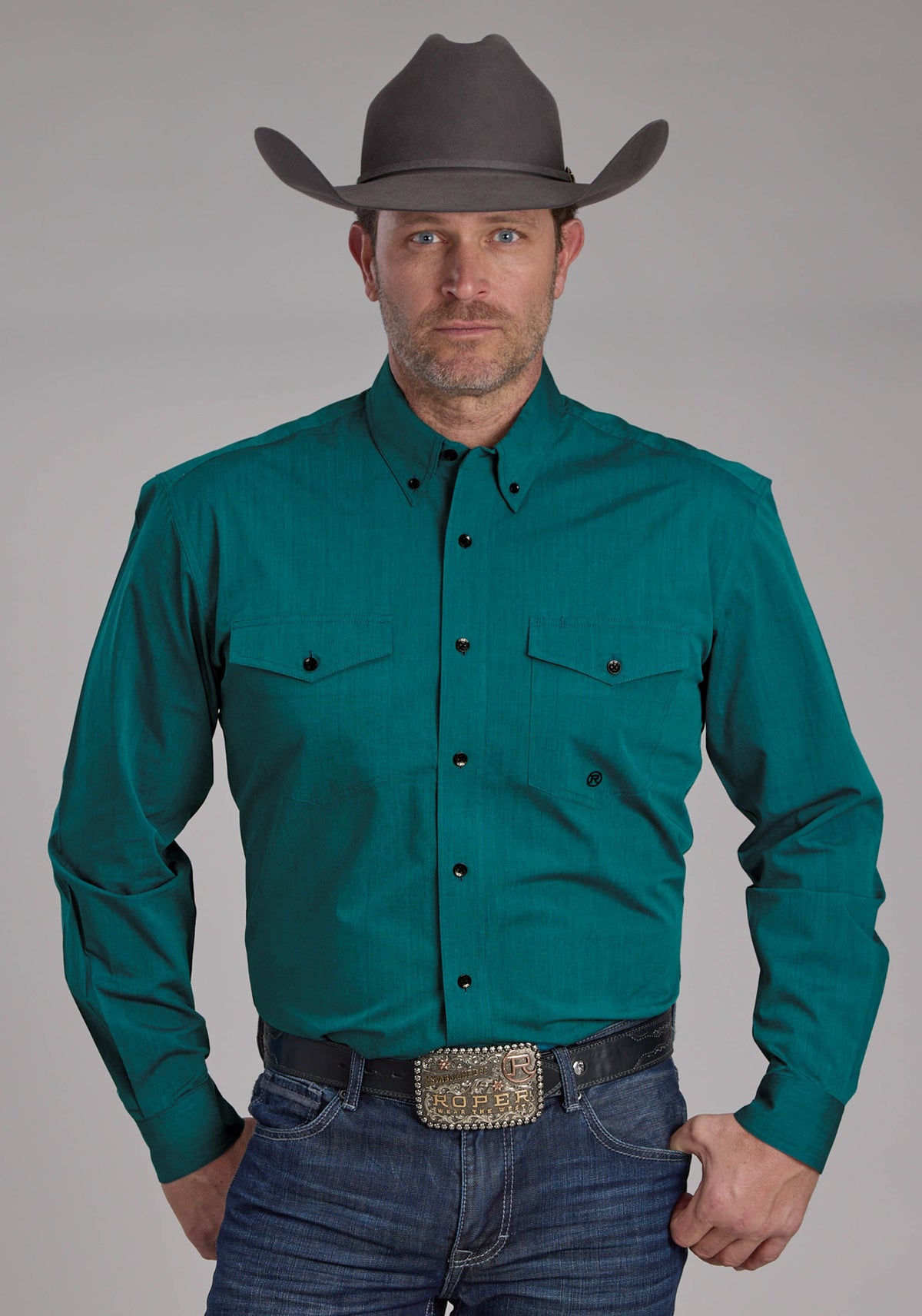 Mens Black Fill Solid Poplin - Teal Long Sleeve Button Western Shirt