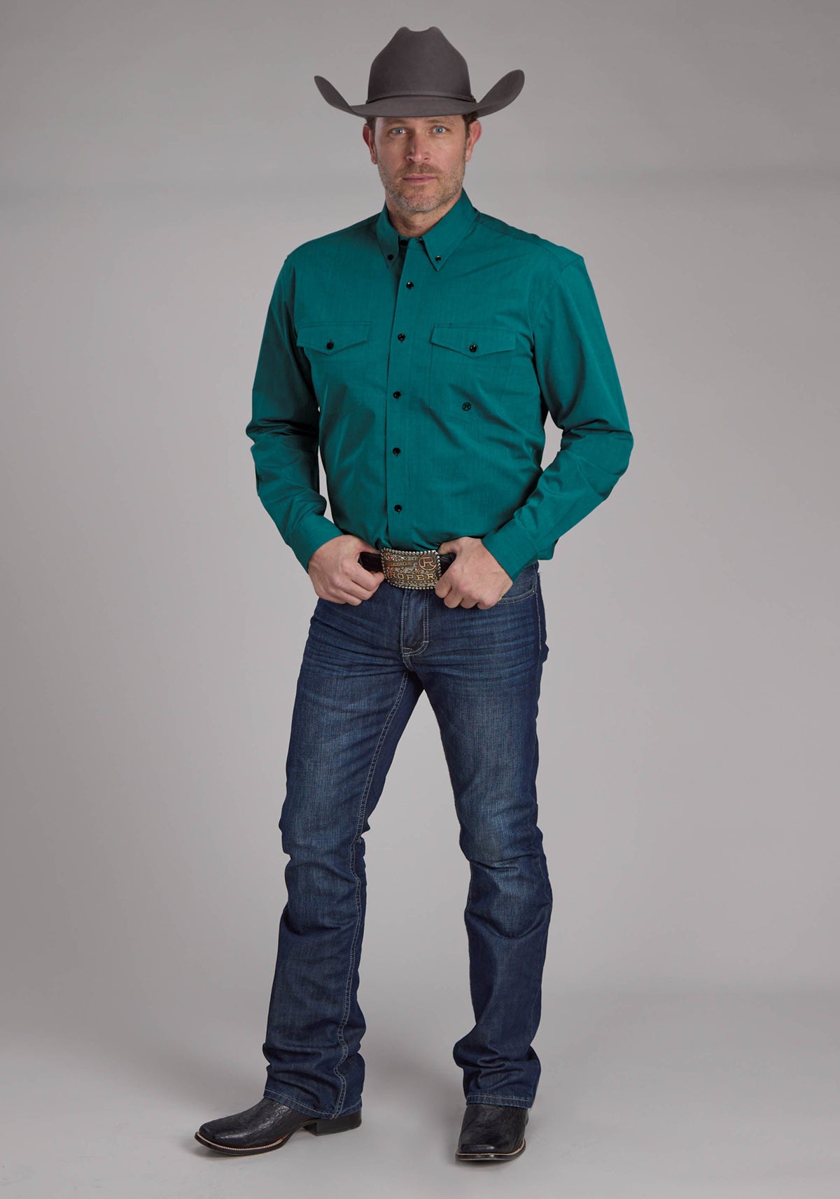 Mens Black Fill Solid Poplin - Teal Long Sleeve Button Western Shirt