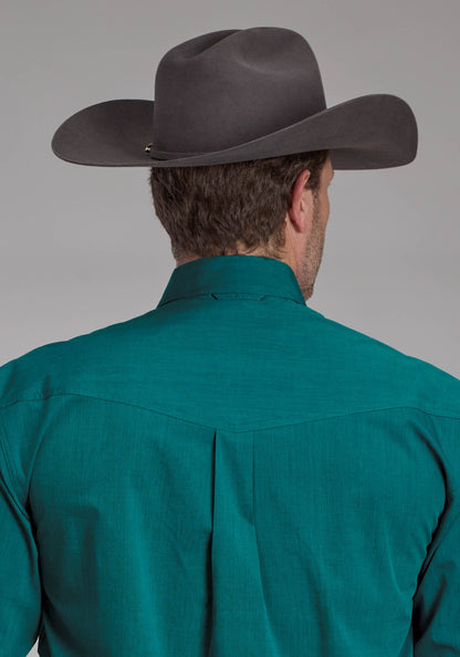 Mens Black Fill Solid Poplin - Teal Long Sleeve Button Western Shirt