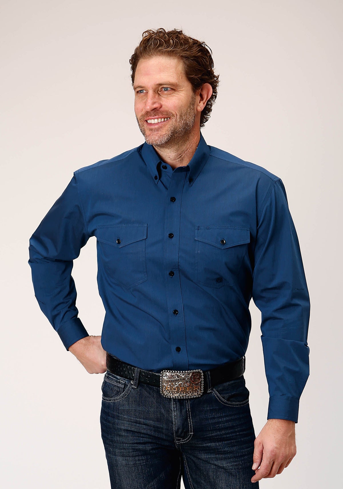 Mens Long Sleeve Button Black Fill Solid Blue Western Shirt
