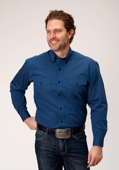 Mens Long Sleeve Button Black Fill Solid Blue Western Shirt