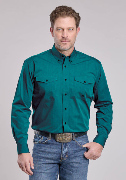 Mens Roper Solid Black Fill Teal Long Sleeve Button Shirt