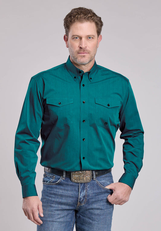 Mens Roper Solid Black Fill Teal Long Sleeve Button Shirt