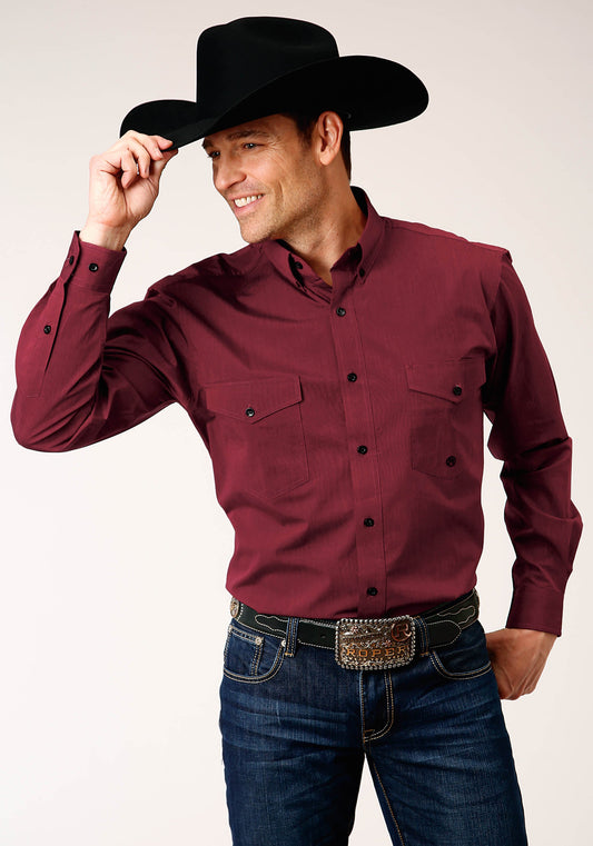 Mens Long Sleeve Button Black Fill Solid  Wine Western Shirt