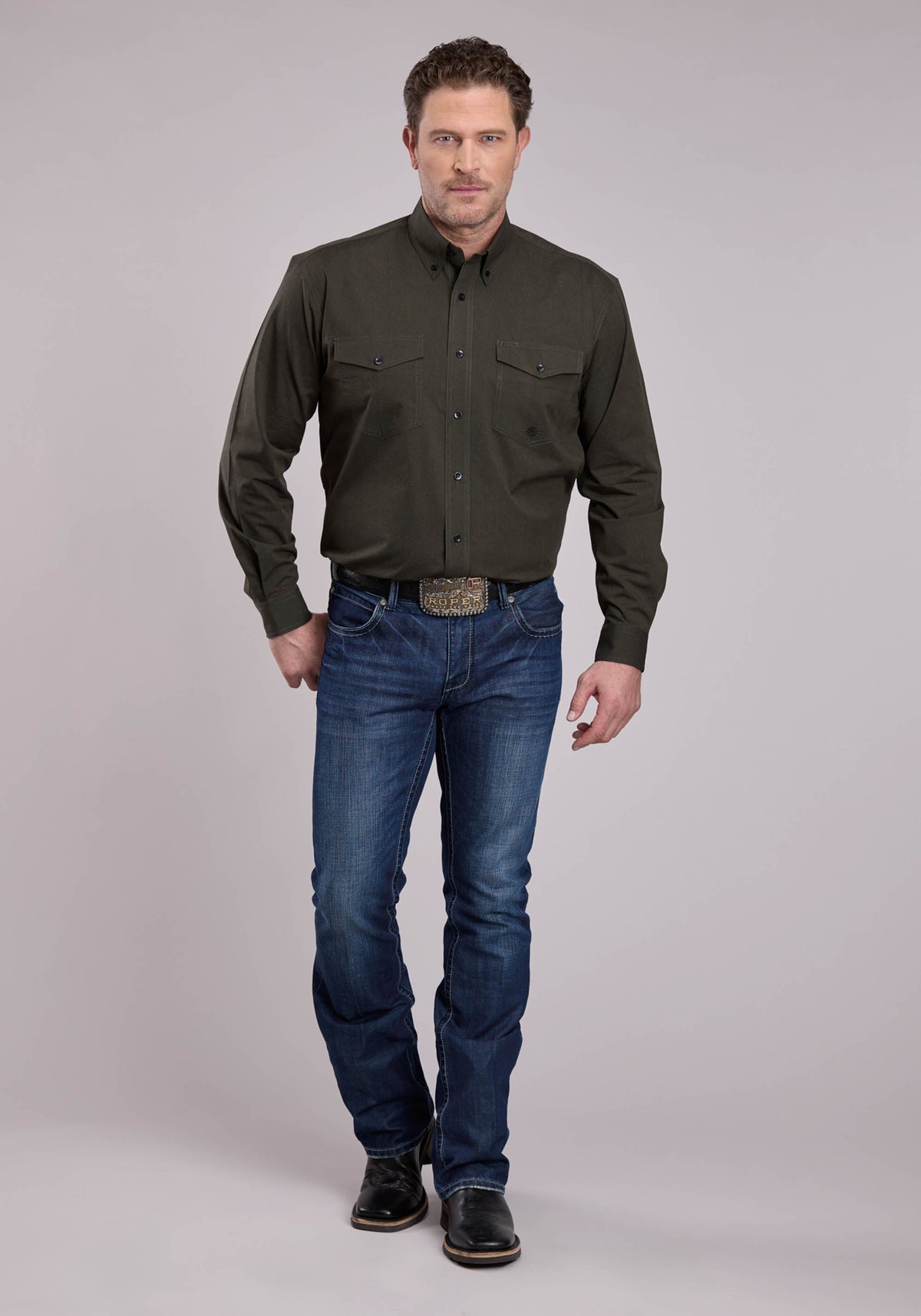 Mens Long Sleeve Button Black Fill - Green Western Shirt