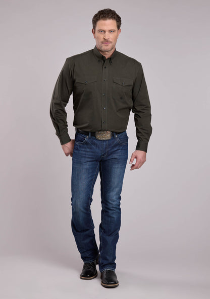 Mens Long Sleeve Button Black Fill - Green Western Shirt