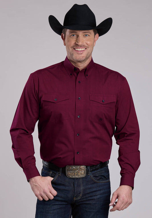 Mens Long Sleeve Button Black Fill - Wine Western Shirt