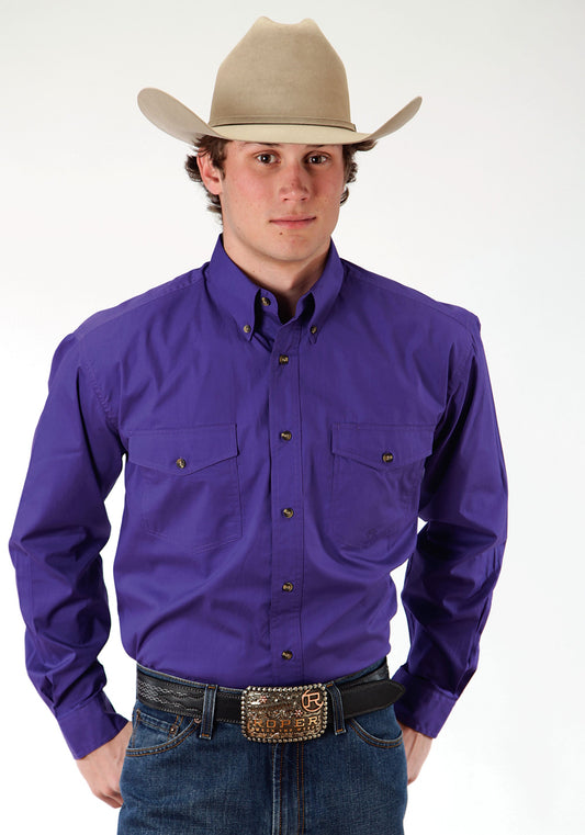 Mens Purple Solid Long Sleeve Western Button Shirt