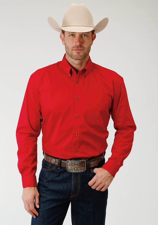 Mens Red Solid Long Sleeve Western Button Shirt