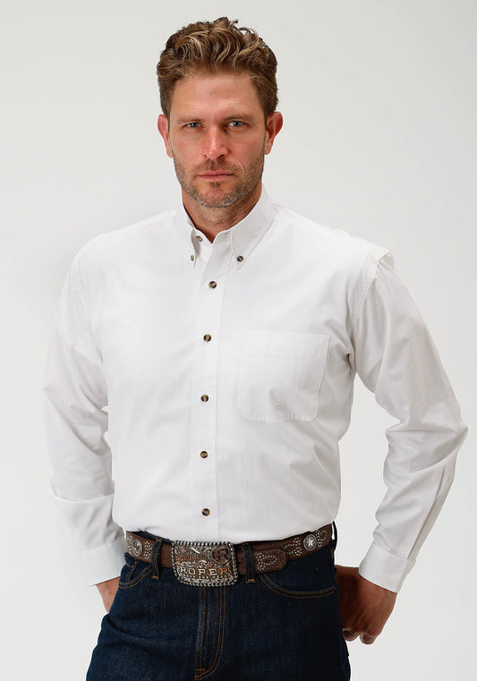 Mens White Solid Long Sleeve Western Button Shirt