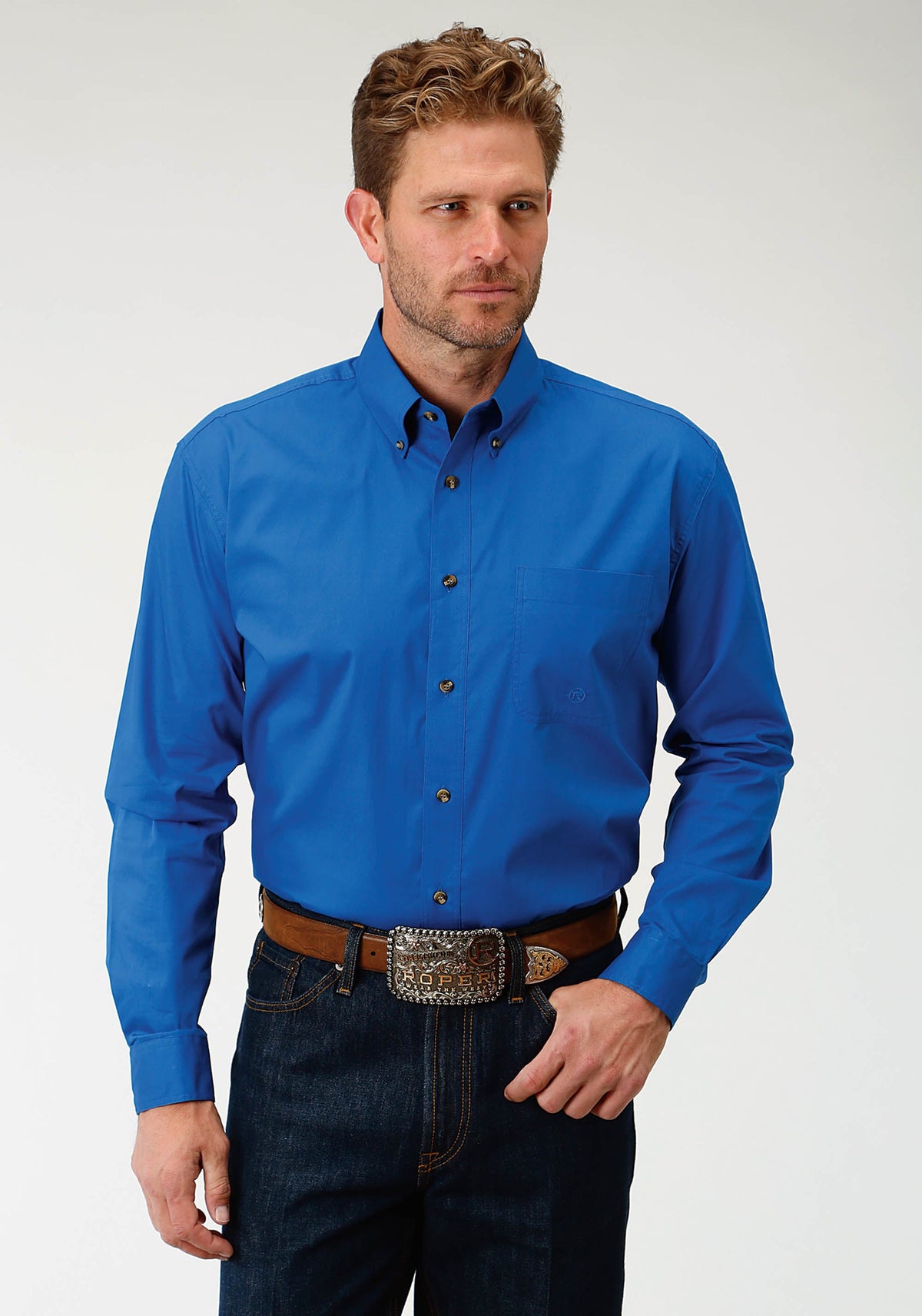 Mens Royal Blue Solid Long Sleeve Western Button Shirt