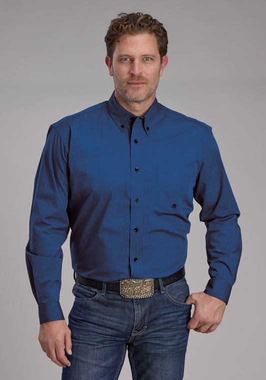 Mens Black Fill Poplin - Blue Long Sleeve Button Western Shirt