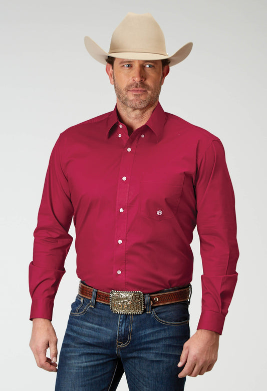 Mens Long Sleeve Button Solid Poplin Stretch Red Western Shirt