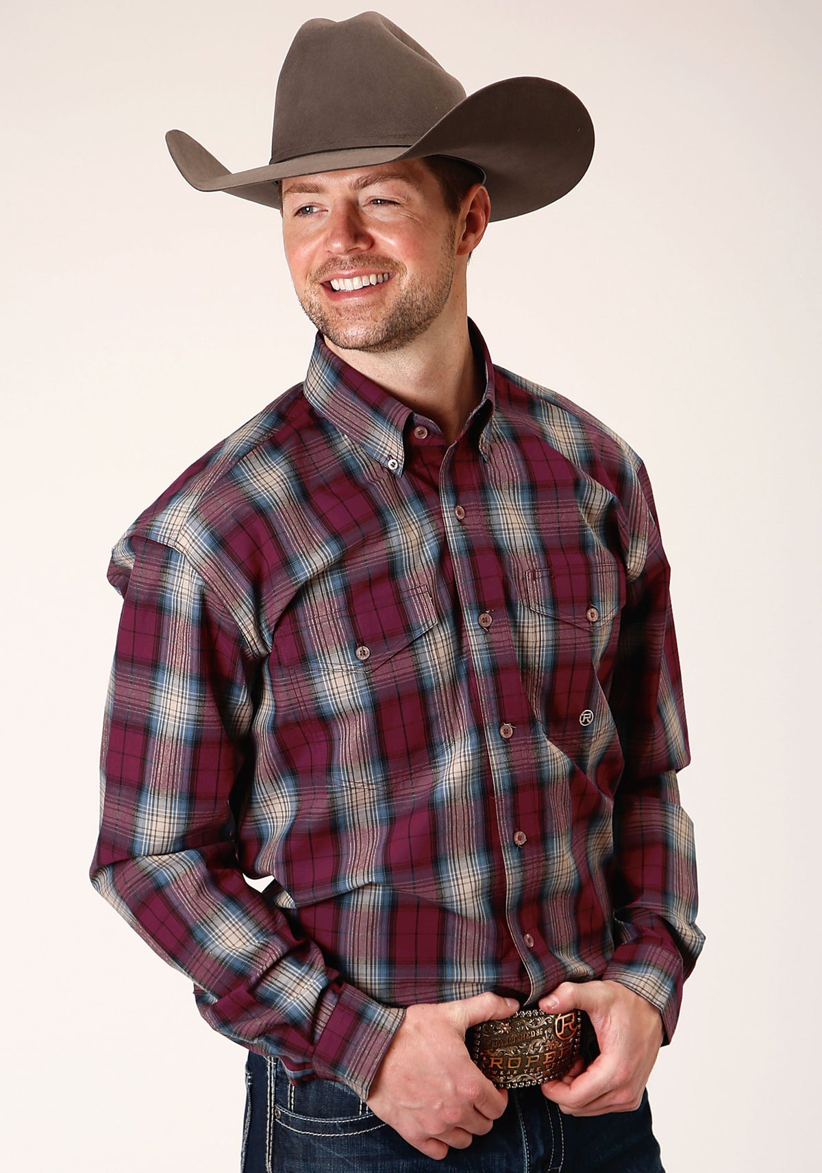 Mens Long Sleeve Button Wine Plaid Western Shirt